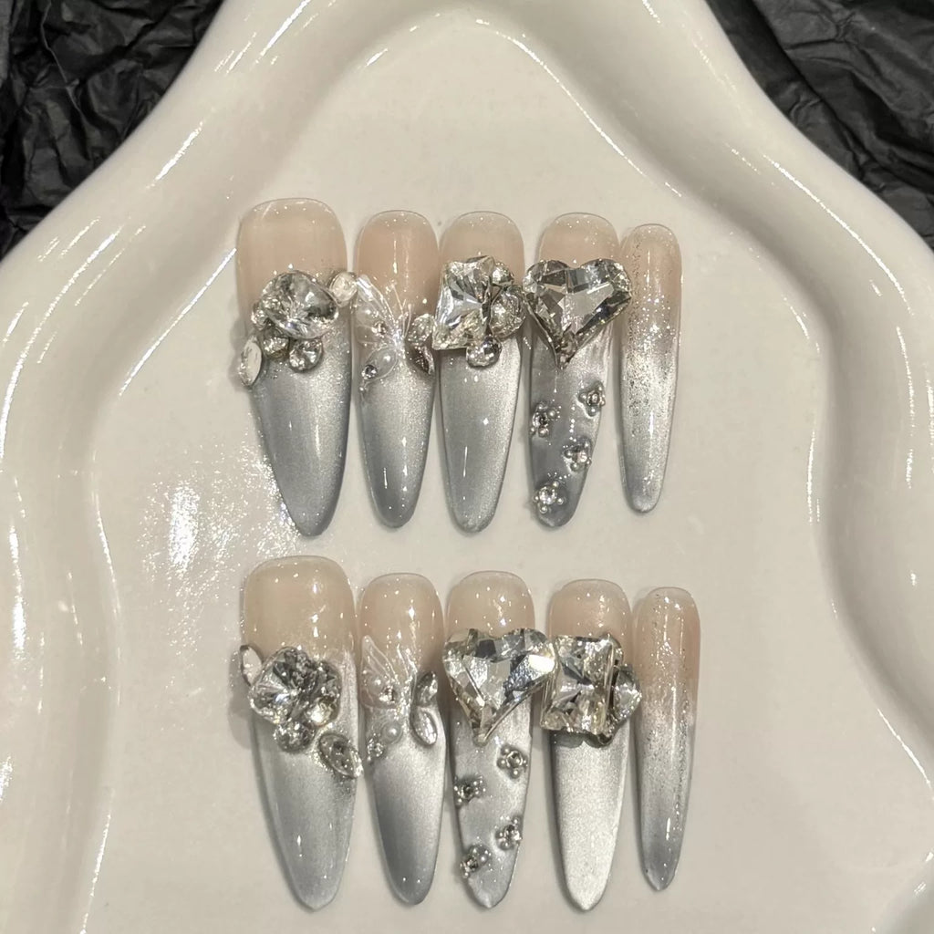 Premium sense pure handmade wear manicure super long love diamond bridal wedding nail white new model
