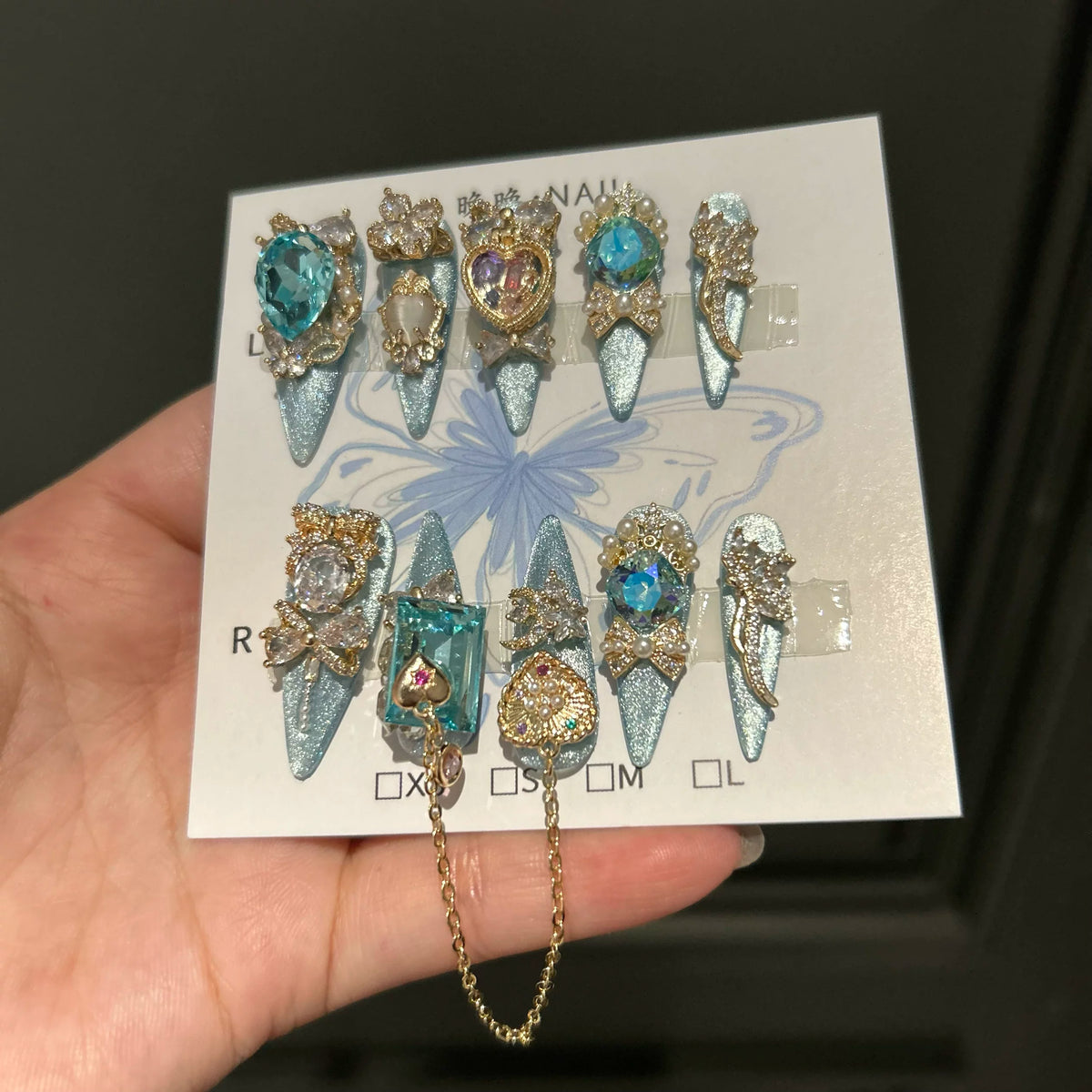 Handmade press-on nails, full zircon jewelry, cat eye blue, handcrafted press-on nails, luxurious, whitening, and beautiful manicure