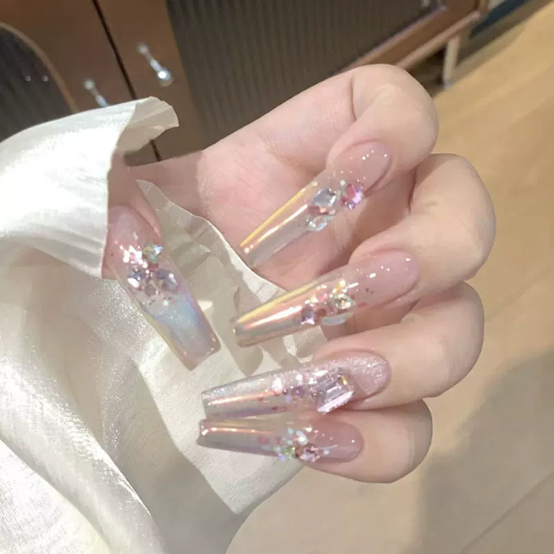 Advanced European and American super long atmosphere eye-catching Aurora Mermaid Ji cat eye sequins handmade custom wearing manicure