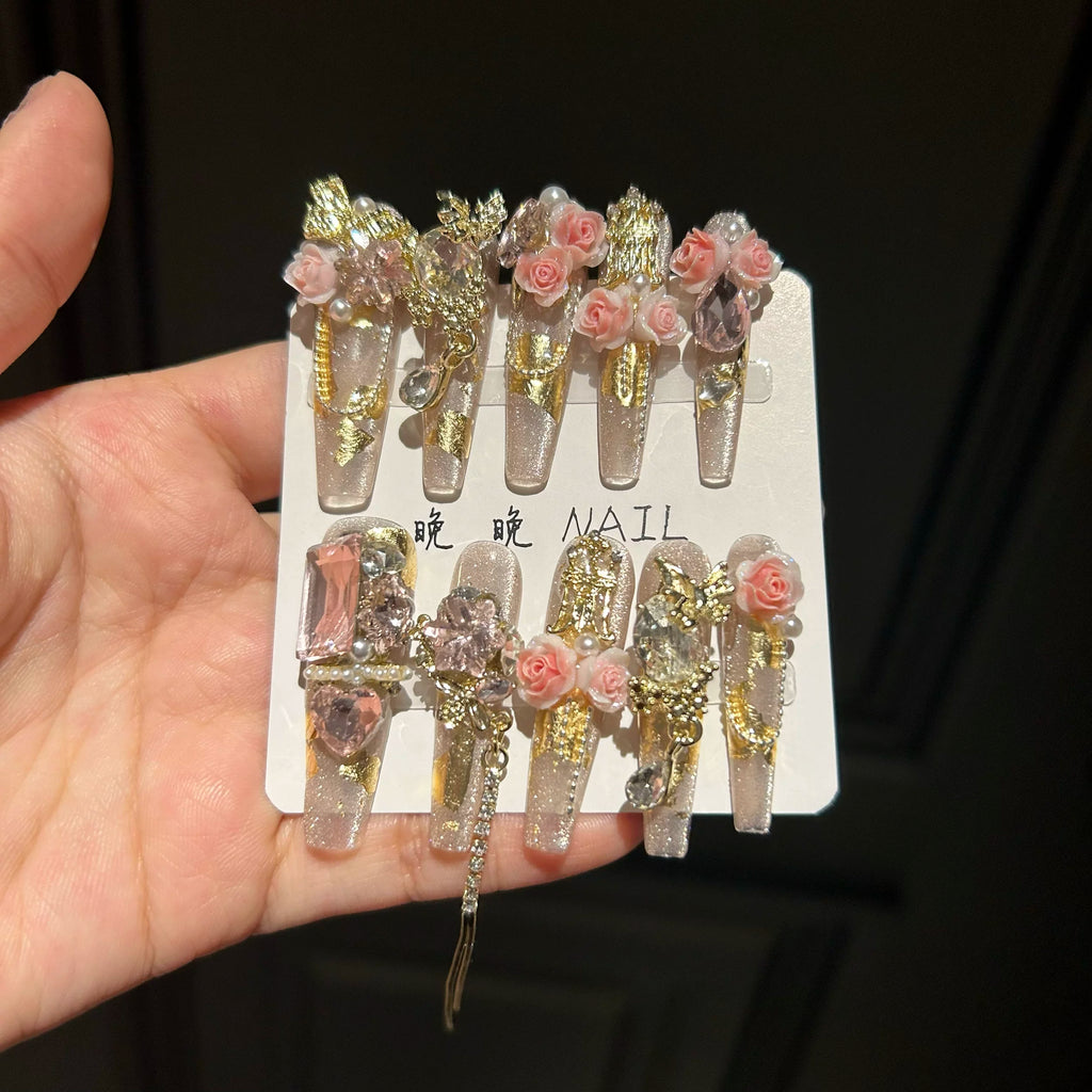 Pink girl original gold foil rose wearing nails cat eye butterfly rose white fairy long ladder