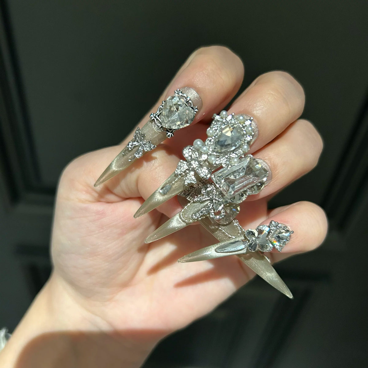 Heavy-duty, handcrafted, dazzling, wearable, high-end, whitening, french cat-eye manicure, luxurious elegant nails