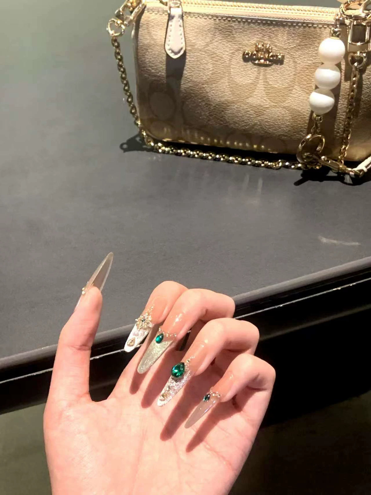 Handmade press-on nails - summer mid-length cat eye, luxe retro, elegant, and flattering white gel nail tips