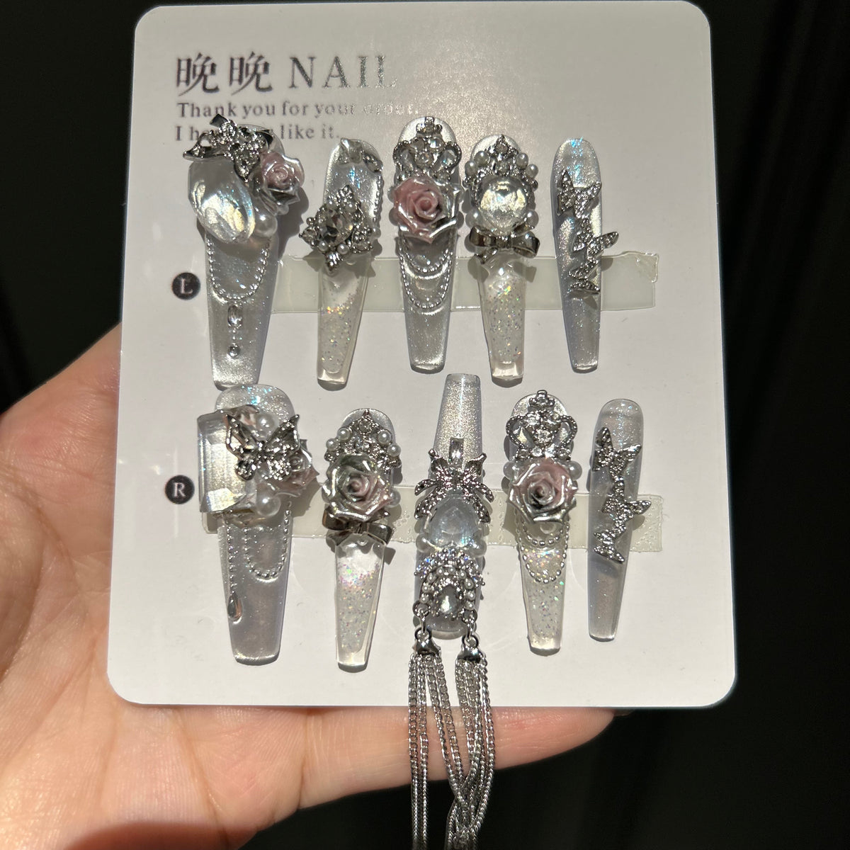 Handmade press-on nails with glitter sand effect, whitening, new high-end cat eye design
