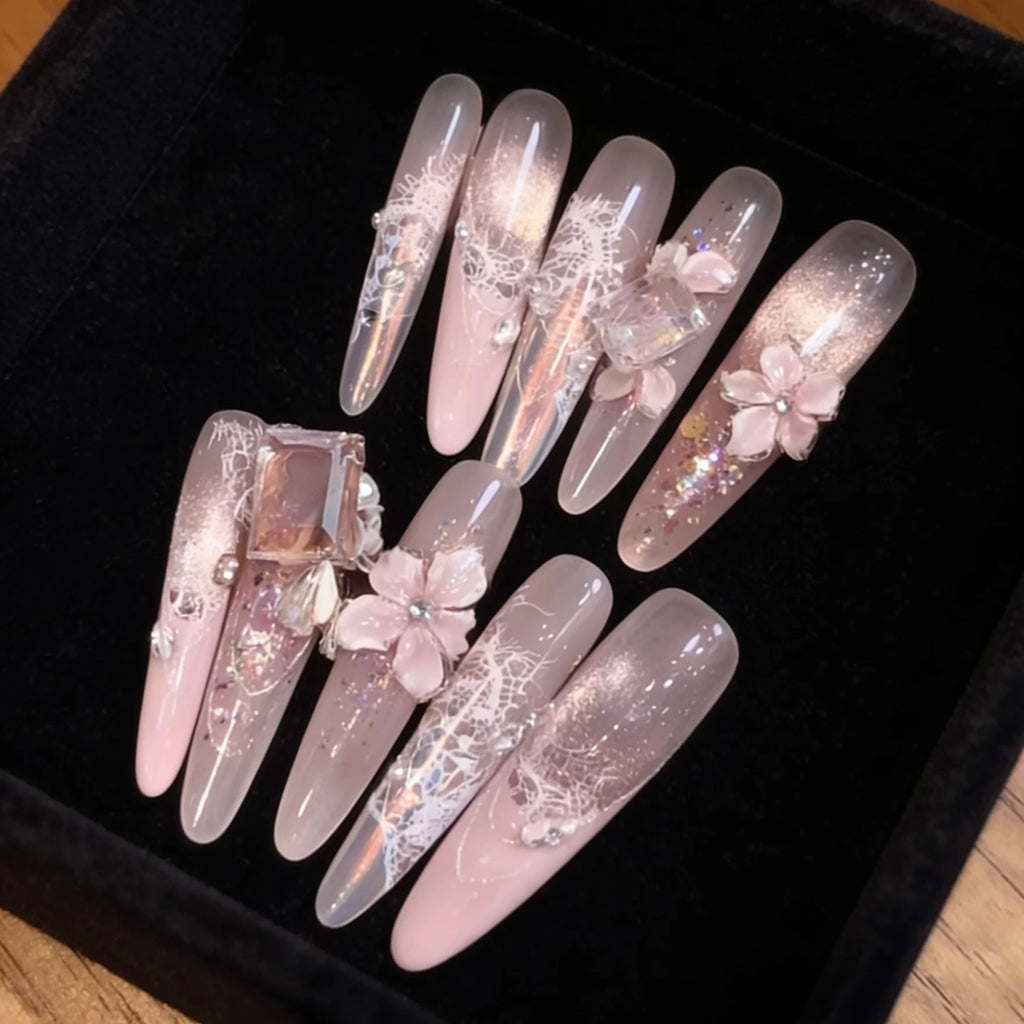 Premium pure handmade wearing nail cat's eye five-petaled flower nail art is simple and pure to show white naked pink long carving
