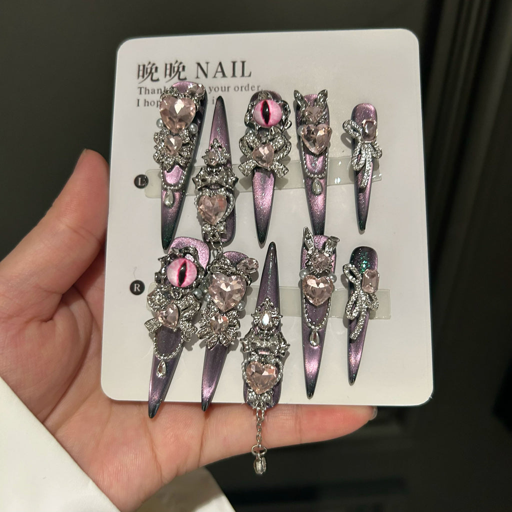 Handmade halloween press-on nails - original gradient pink luxury manicure, new collection, whitening, high-end cat eye effect