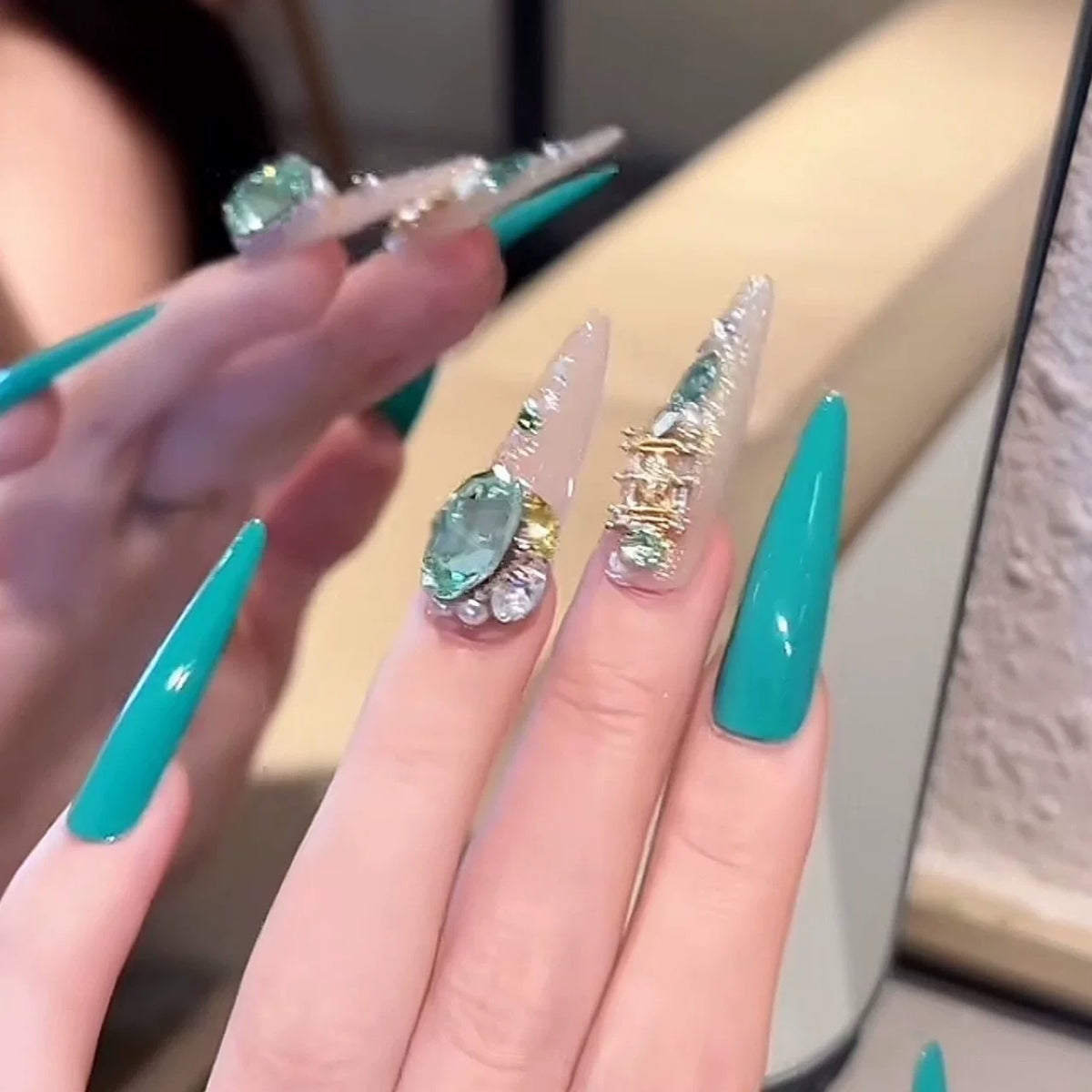 Handmade press-on nails - peacock blue with rhinestone accents, gentle & flattering, removable nail stickers, long length, elegant & luxurious