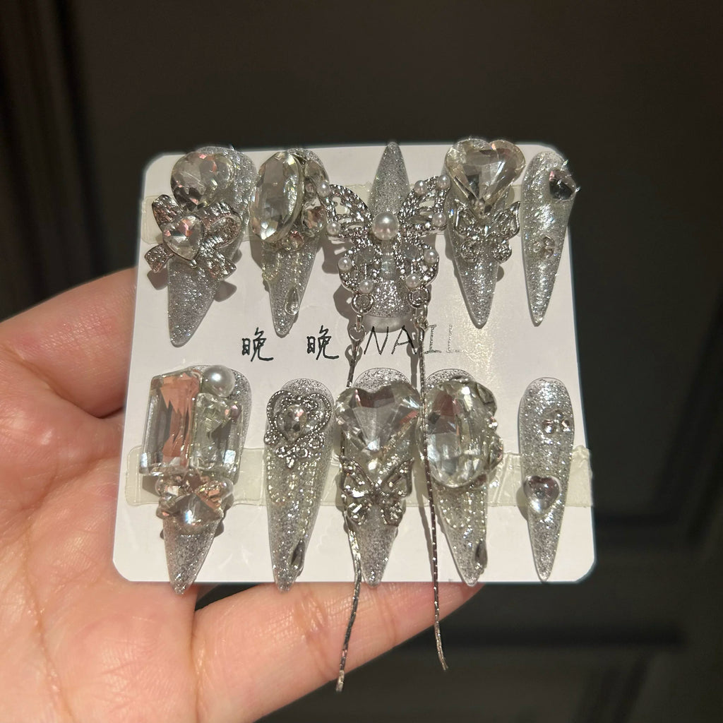 Purely handmade wear-on nails, sparkling bottom, handmade butterfly manicure, removable wear-on nails, new style, white, long style