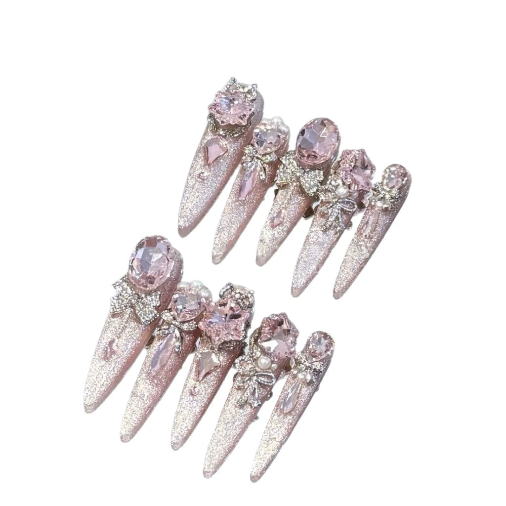 Manicure handmade wear nail removable patch pink cat's eye luxury flash pigeon egg big diamond white