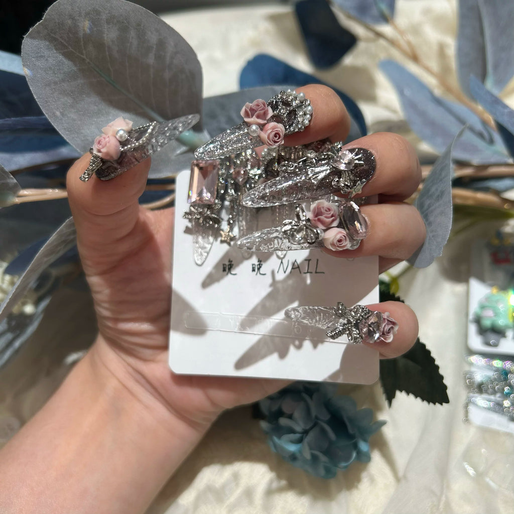 Handmade press-on nails: premium rose & rhinestone nail art, ready-to-wear, removable, crystal glaze finish