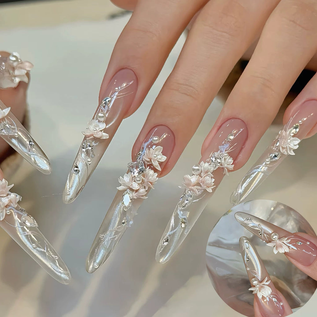 Spring and summer handmade popular wear-resistant long pointed nails stereo carved cat eye show off fake nails finished wedding nails