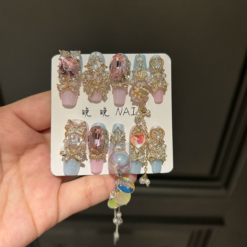 Handmade press-on nails, premium full zircon nail art accessories, dongzhou diamond luxury nail art, high-end style