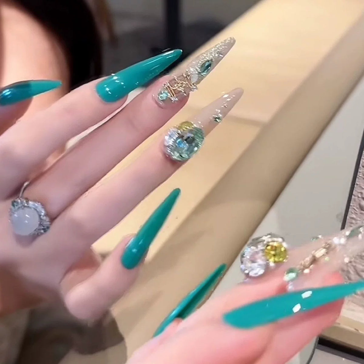 Handmade press-on nails - peacock blue with rhinestone accents, gentle & flattering, removable nail stickers, long length, elegant & luxurious