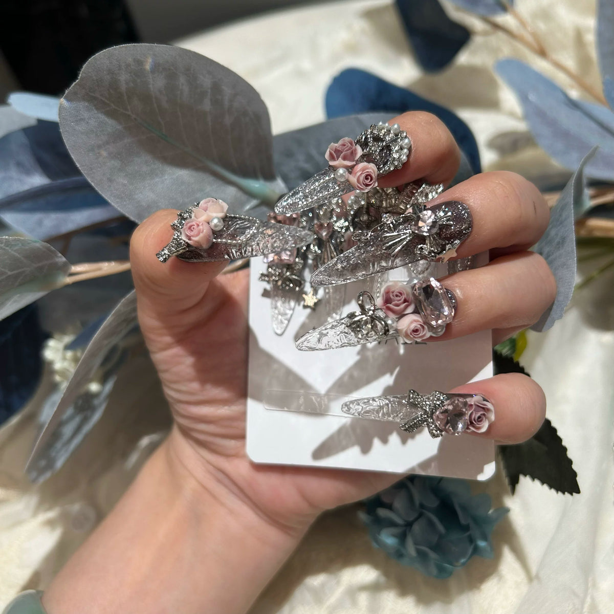 Handmade press-on nails: premium rose & rhinestone nail art, ready-to-wear, removable, crystal glaze finish
