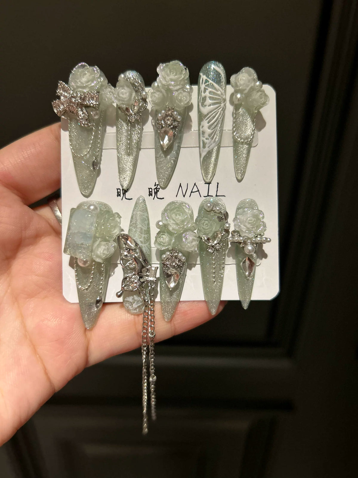 Hand-painted butterfly cat eye handmade custom nail art - luxury full diamond long teardrop press-on nails