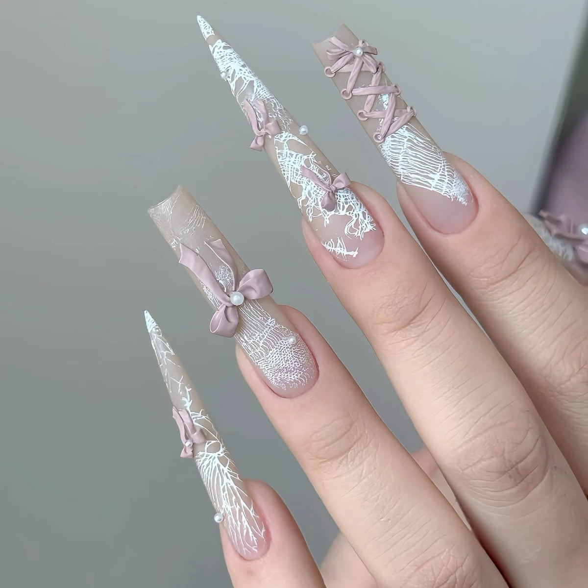 Handmade custom press-on nails: new, sweet & girly pink french bow long length, whitening, new nail art stickers