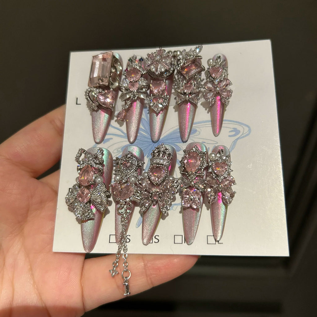 Magic mirror cat eye pure handmade wearable nails heavy industry diamond full hand full zircon luxury handmade manicure