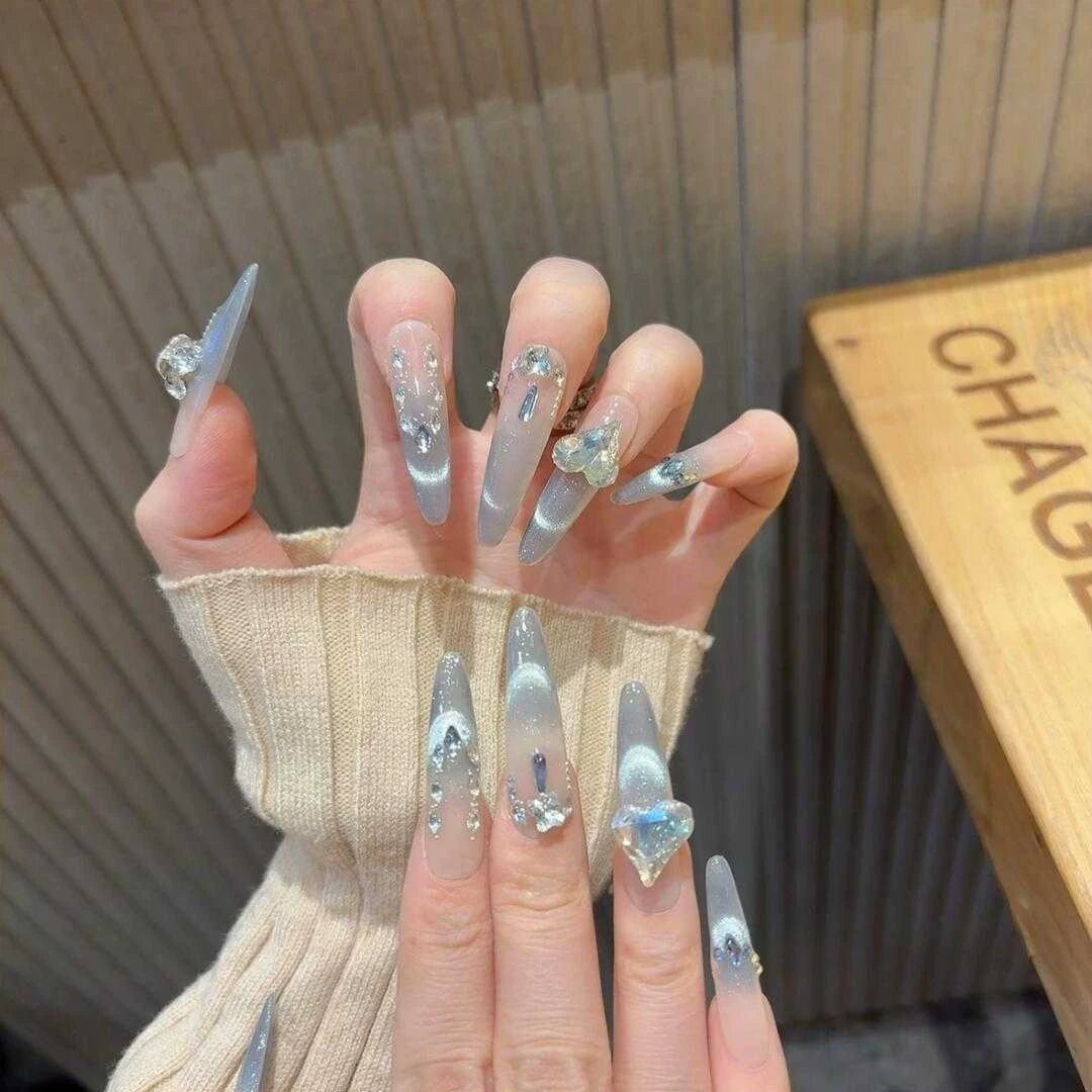 Luxury chic, heart-shaped diamond accent, gentle smile, french cat eye, long handmade press-on nails