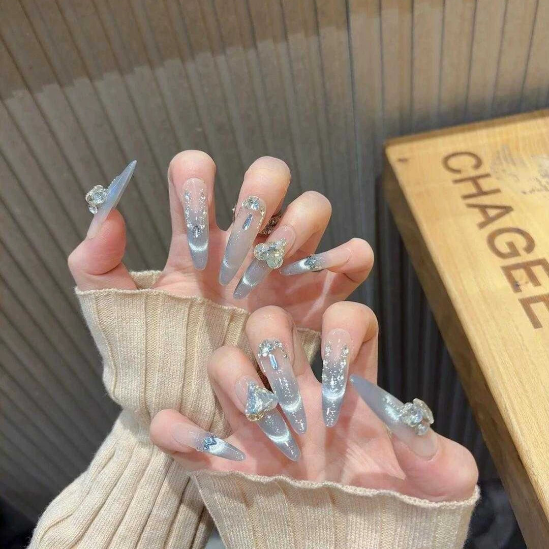 Luxury chic, heart-shaped diamond accent, gentle smile, french cat eye, long handmade press-on nails