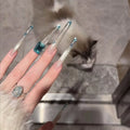 High-luxury peacock blue full-flower diamonds flash cat's eye French wedding nail pure handmade nail wear nail