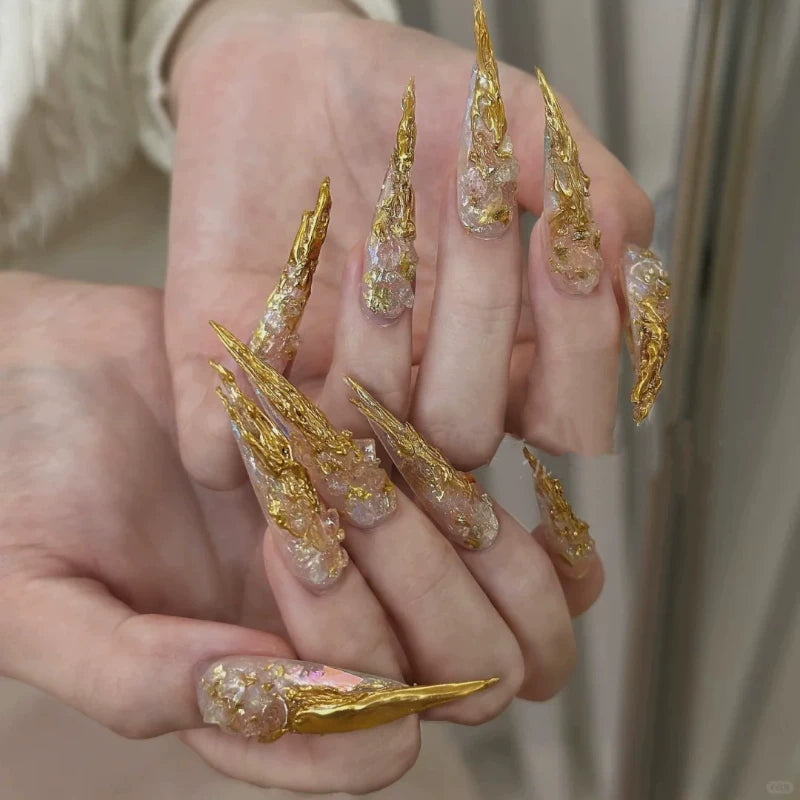 Wear long gold-plated classy white pure handmade pointed manicure