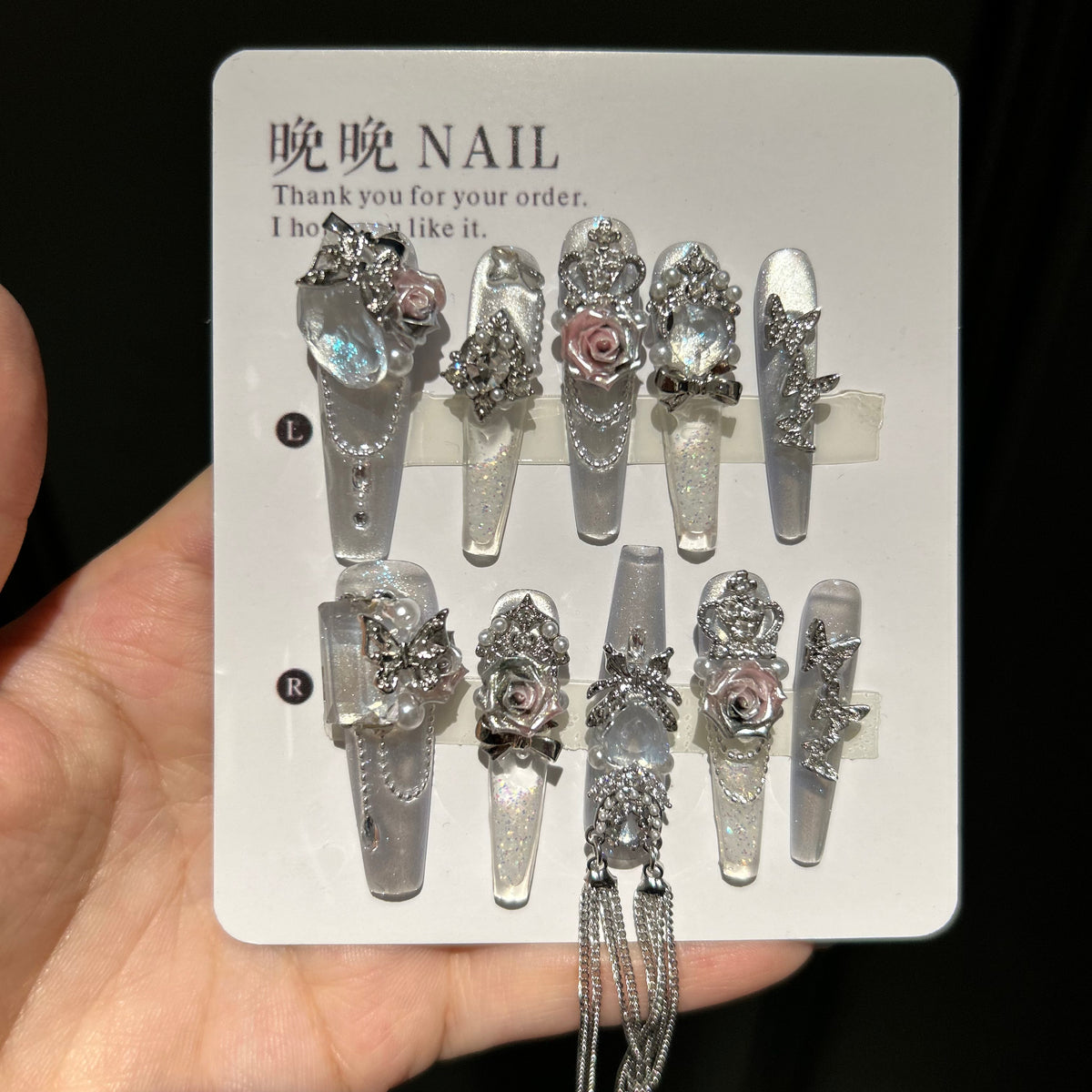 Handmade press-on nails with glitter sand effect, whitening, new high-end cat eye design