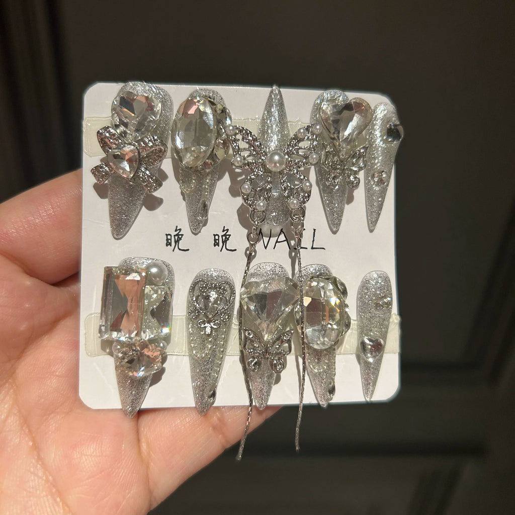 Purely handmade wear-on nails, sparkling bottom, handmade butterfly manicure, removable wear-on nails, new style, white, long style