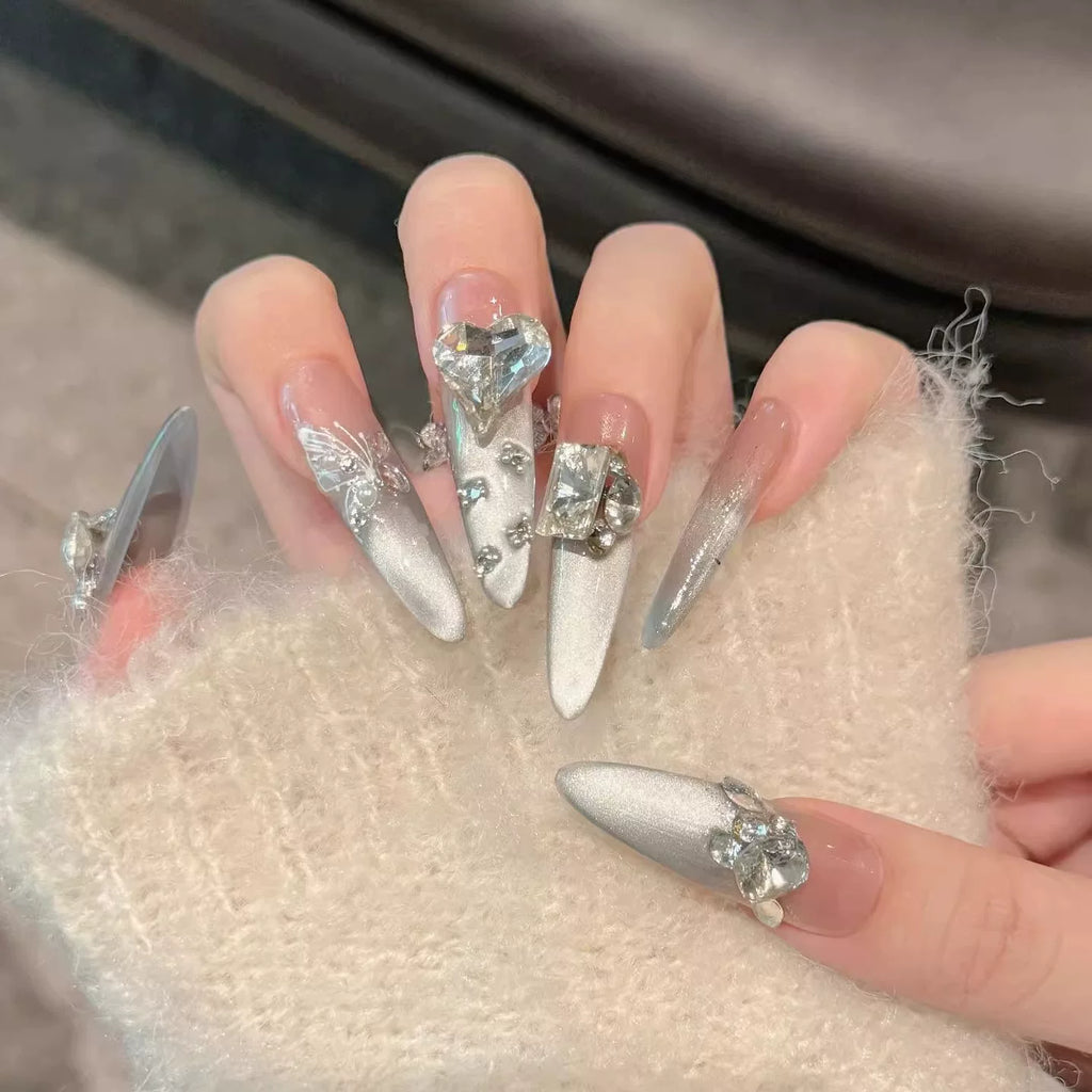 Premium sense pure handmade wear manicure super long love diamond bridal wedding nail white new model