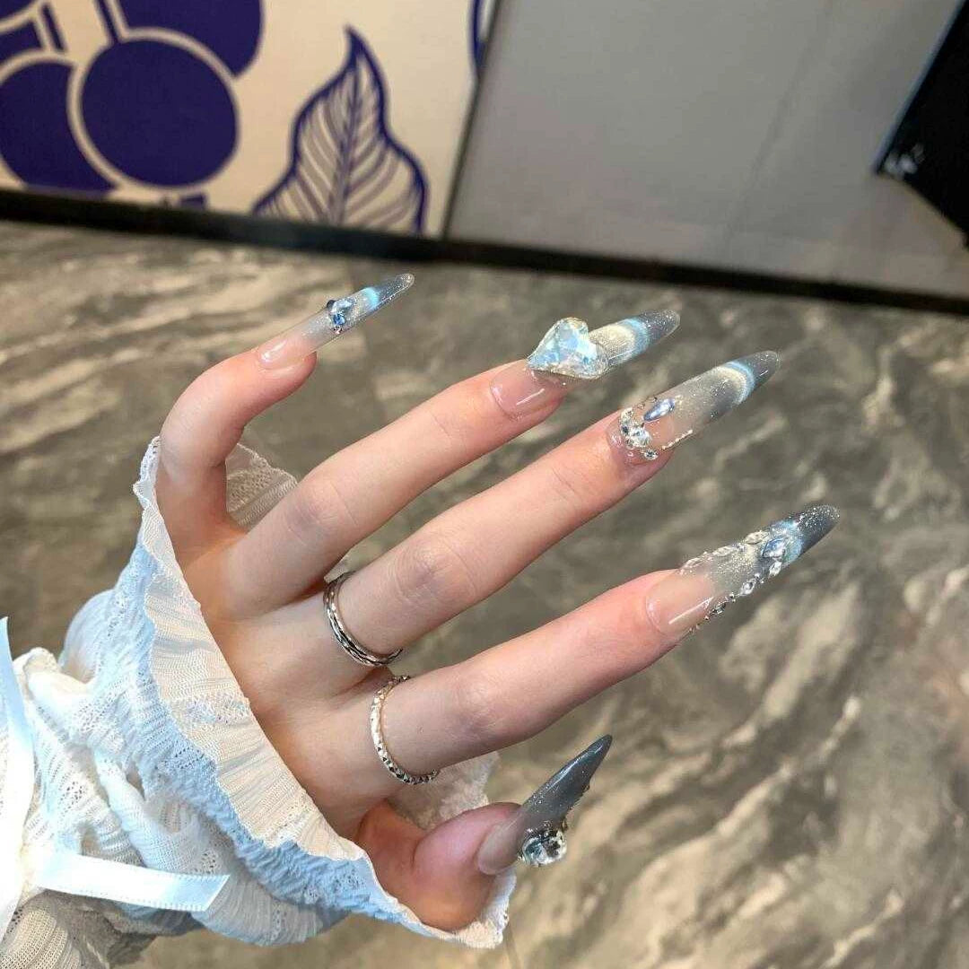 Luxury chic, heart-shaped diamond accent, gentle smile, french cat eye, long handmade press-on nails