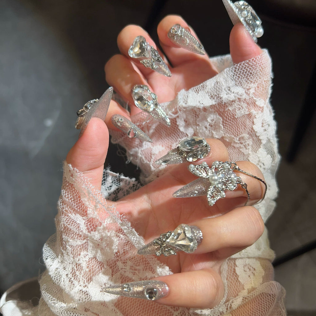 Purely handmade wear-on nails, sparkling bottom, handmade butterfly manicure, removable wear-on nails, new style, white, long style