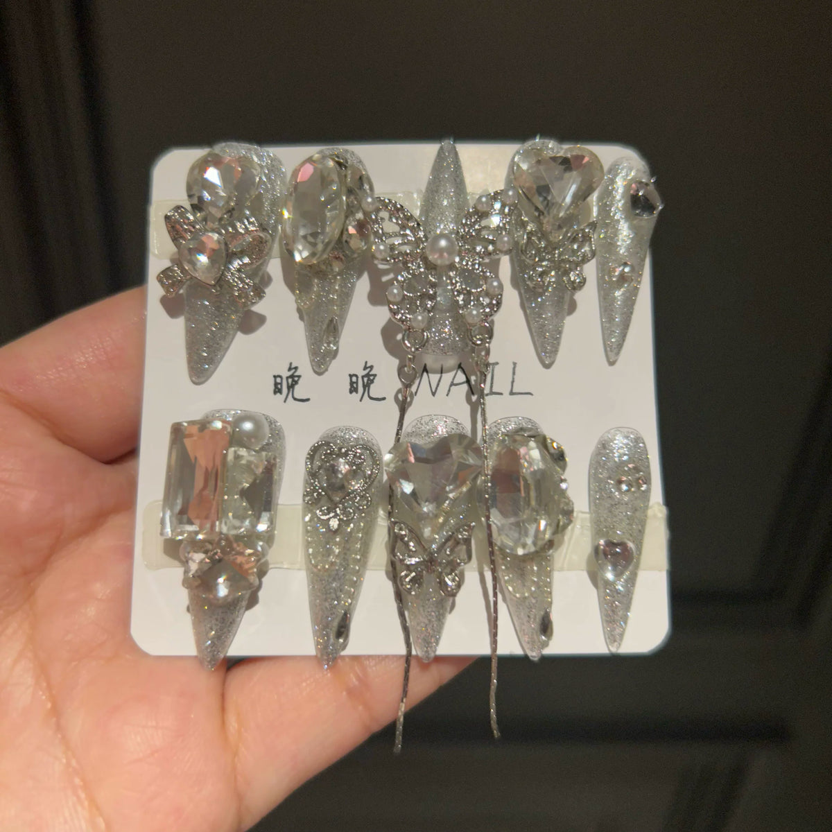 Purely handmade wear-on nails, sparkling bottom, handmade butterfly manicure, removable wear-on nails, new style, white, long style
