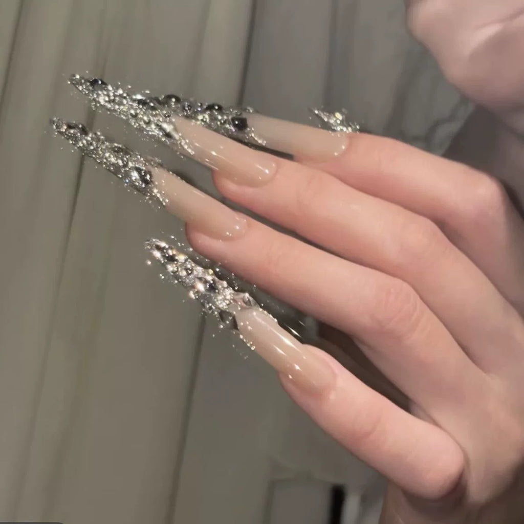Pure handmade full-diamond French daughter gold flash nails removable wedding nail light luxury whitening advanced nail art wearing temperament