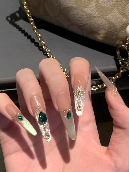 Handmade press-on nails - summer mid-length cat eye, luxe retro, elegant, and flattering white gel nail tips