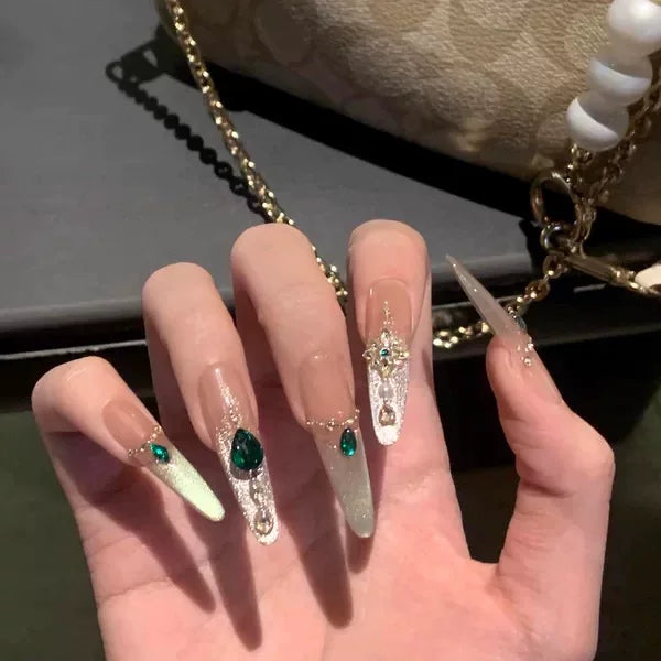 Handmade press-on nails - summer mid-length cat eye, luxe retro, elegant, and flattering white gel nail tips