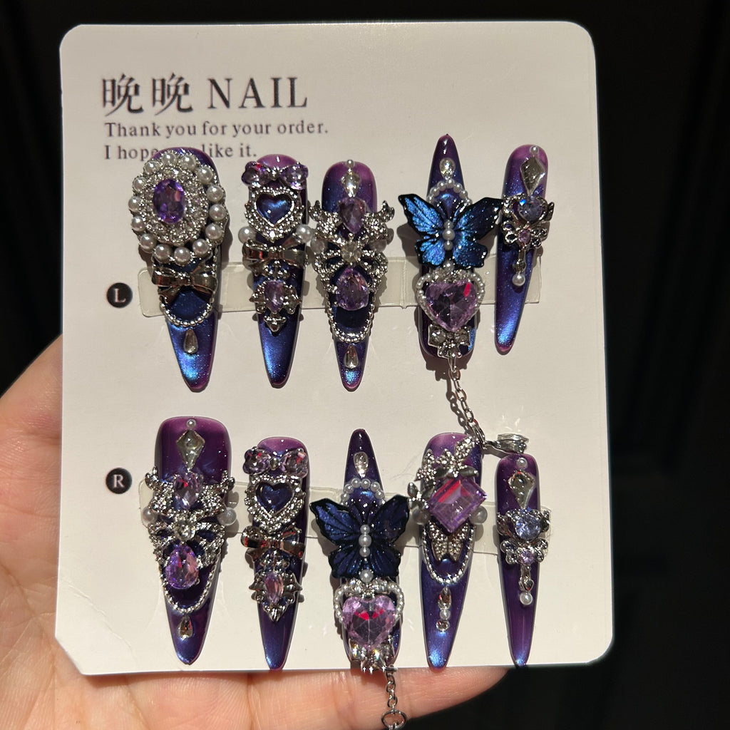Halloween handmade press-on nails: premium purple cat eye manicure, whitening, exquisite luxury false nail stickers