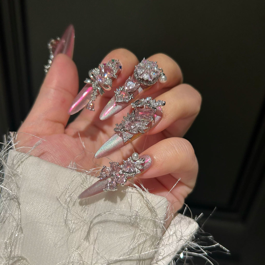 Magic mirror cat eye pure handmade wearable nails heavy industry diamond full hand full zircon luxury handmade manicure