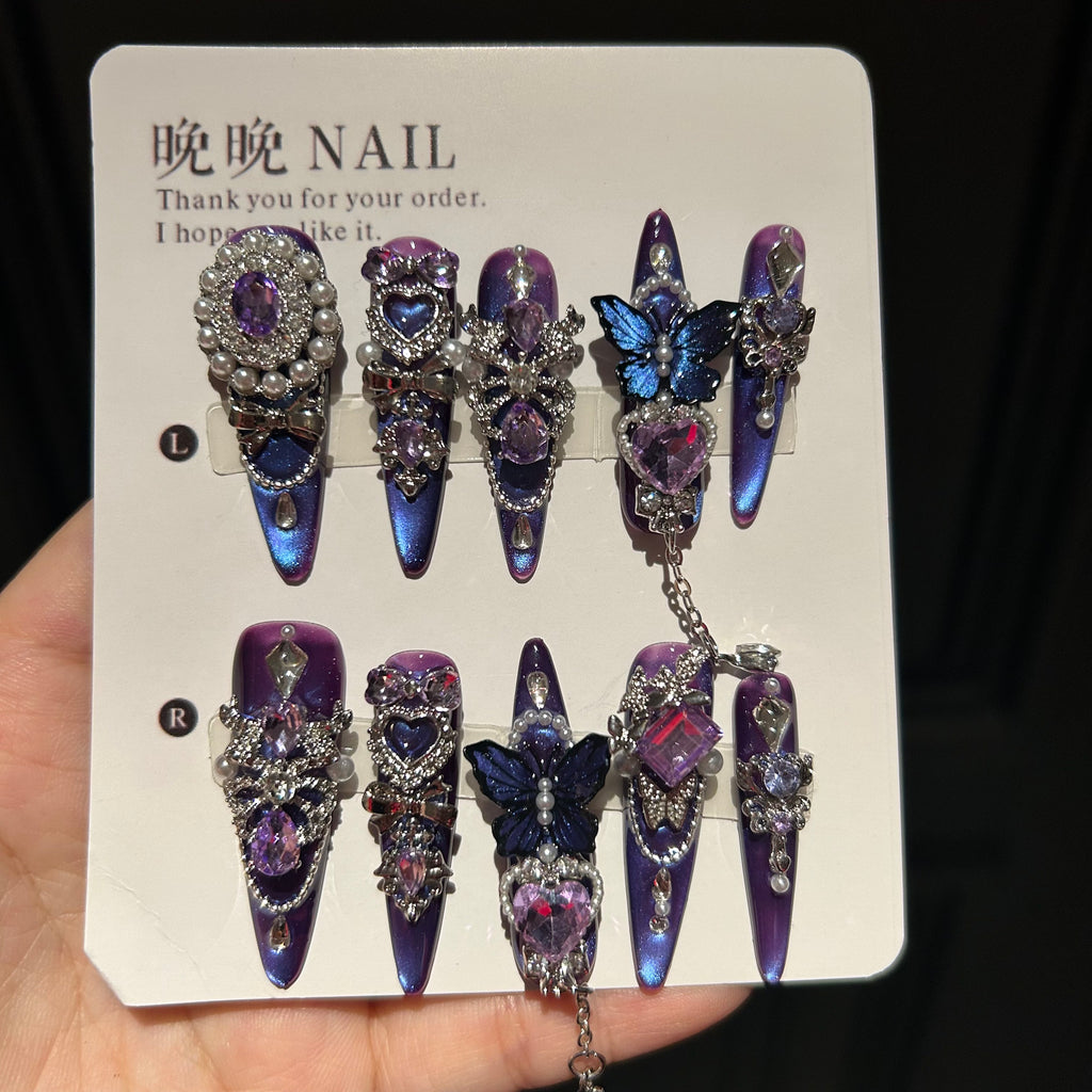 Halloween handmade press-on nails: premium purple cat eye manicure, whitening, exquisite luxury false nail stickers