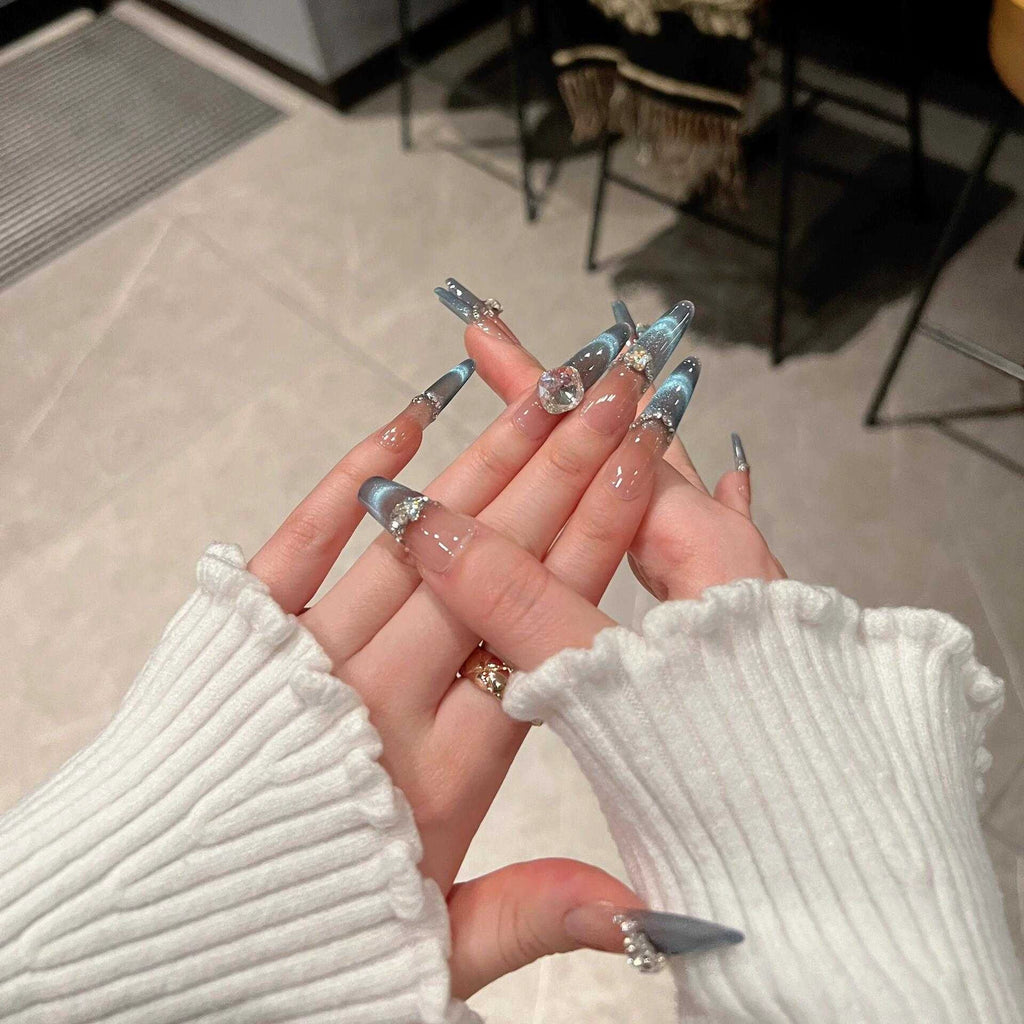 Spring new arrivals: dreamy ocean blue smiling french cat eye premium handmade press-on nails