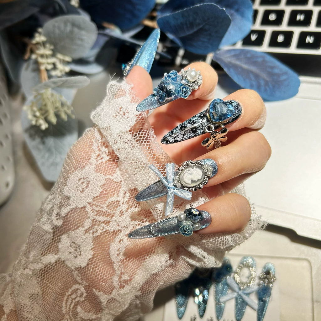 Original nail art heavy industry handmade wearable blue rose pure handmade wearable nails luxurious niche cat eye