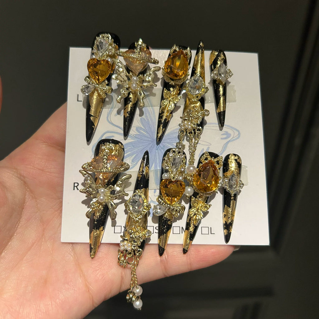 Gold 5.0 handmade press-on nails, premium luxury nail art, extra-long handcrafted nail extensions
