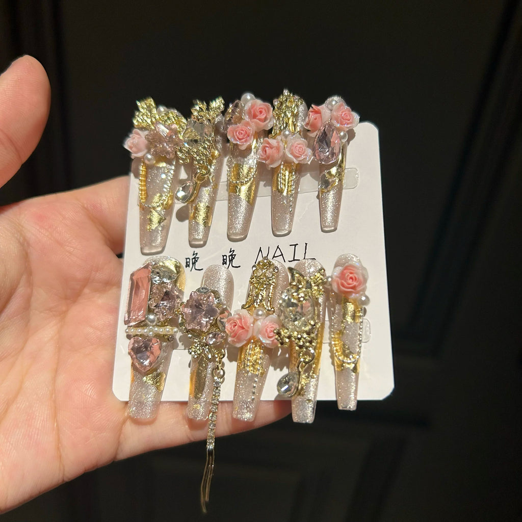 Pink girl original gold foil rose wearing nails cat eye butterfly rose white fairy long ladder