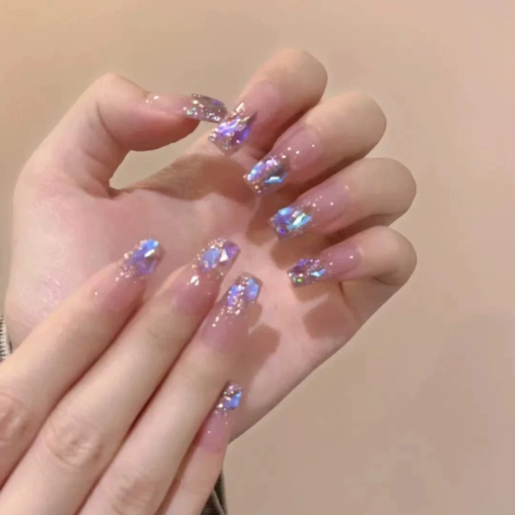 Handmade press-on nails: ethereal purple shimmer, dazzling aurora diamond, soft & flattering, ultra-fairy false nails