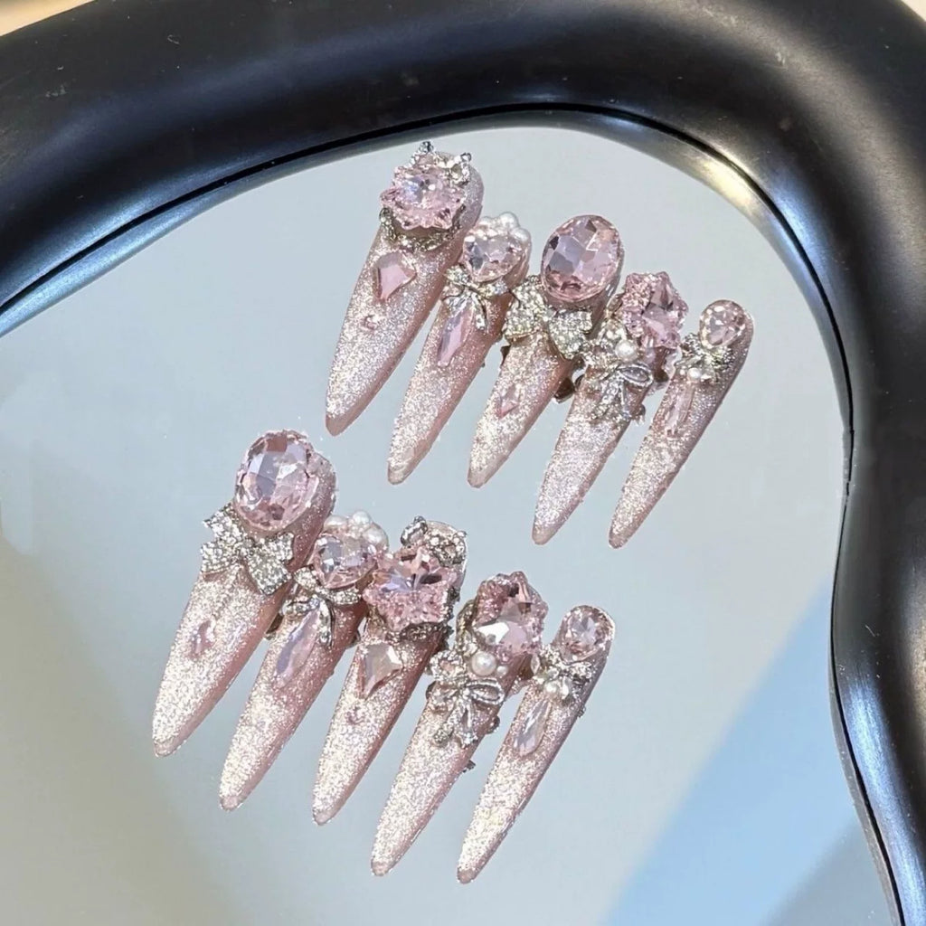 Manicure handmade wear nail removable patch pink cat's eye luxury flash pigeon egg big diamond white