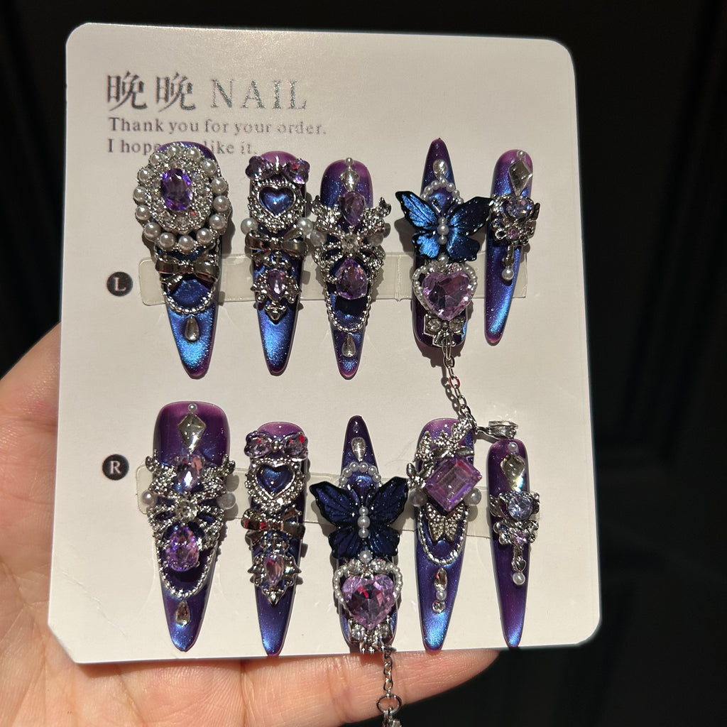 Halloween handmade press-on nails: premium purple cat eye manicure, whitening, exquisite luxury false nail stickers