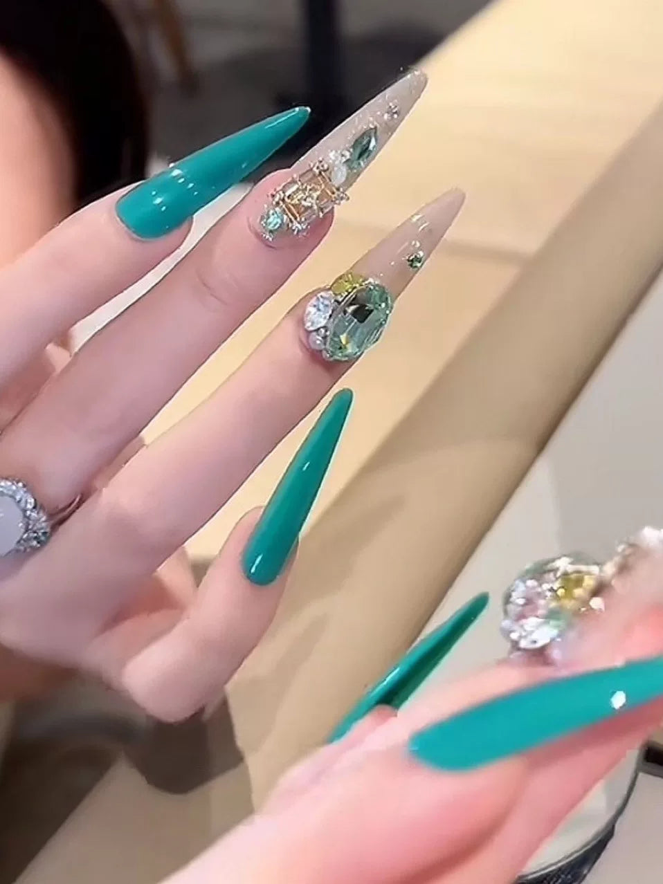 Handmade press-on nails - peacock blue with rhinestone accents, gentle & flattering, removable nail stickers, long length, elegant & luxurious