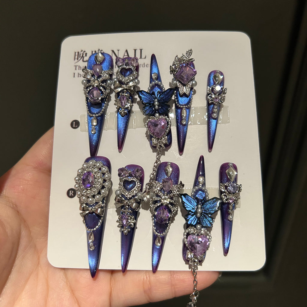 Halloween handmade press-on nails: premium purple cat eye manicure, whitening, exquisite luxury false nail stickers