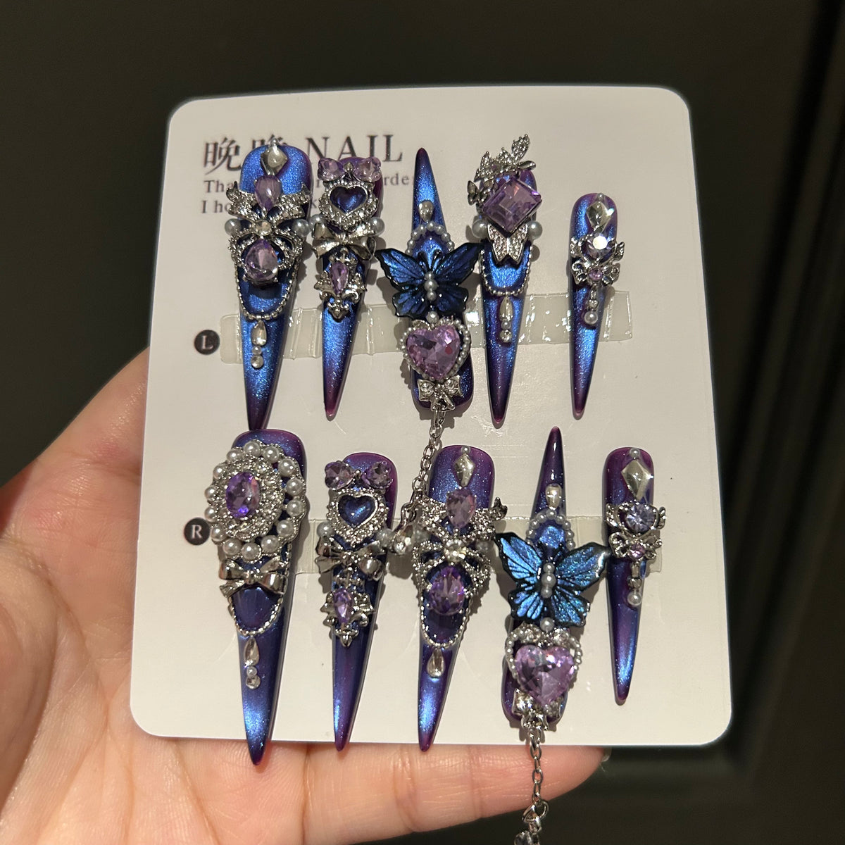 Halloween handmade press-on nails: premium purple cat eye manicure, whitening, exquisite luxury false nail stickers