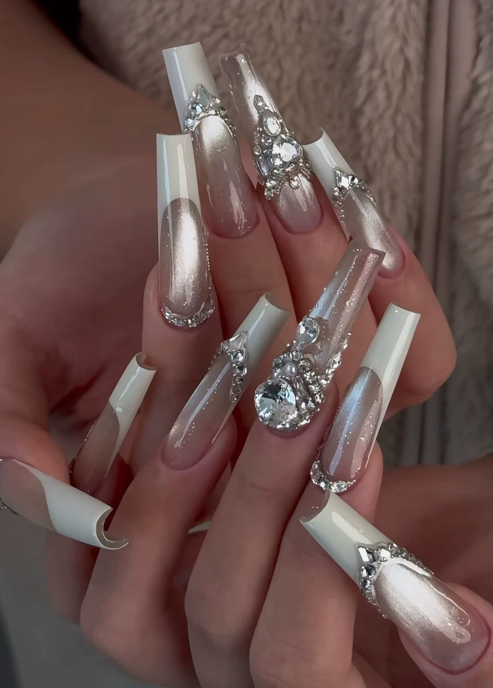 Luxurious and rich cream french diamond manicure elegant wedding nails sparkling cat eye diamond manicure pure handmade personalized wear nail
