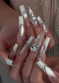Luxurious and rich cream french diamond manicure elegant wedding nails sparkling cat eye diamond manicure pure handmade personalized wear nail