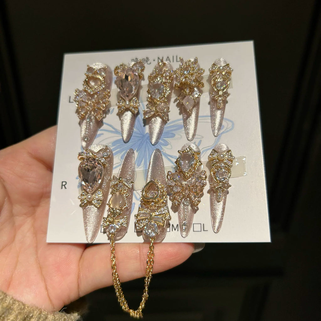 Purely handmade armor with full hands and full zirconium dongzhou diamond elegant luxury niche stylelong style handmade manicure