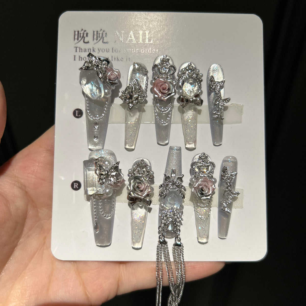 Handmade press-on nails with glitter sand effect, whitening, new high-end cat eye design